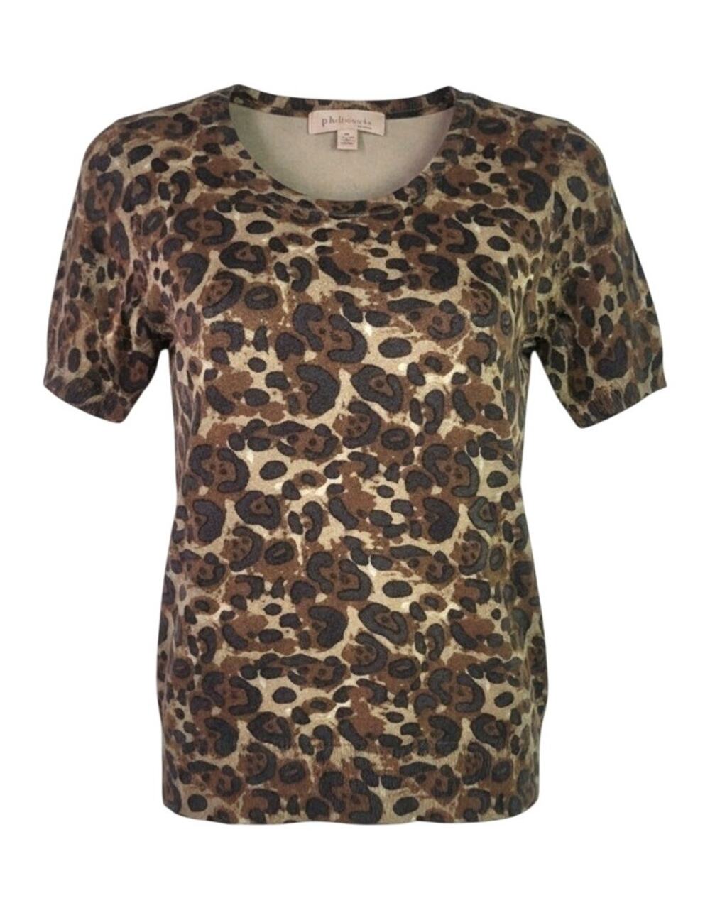 PHILOSOPHY Leopard Print Short Sleeve Sweater Size Small Rib-Knit Collar & Hem
